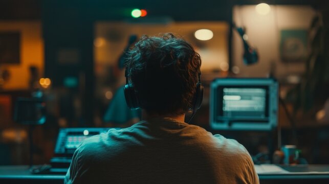 Focused audio engineer in a dimly lit recording studio, headphones on, monitoring sound levels and VU meters, with computer screens in the background.