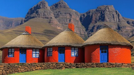 Three red and blue traditional African huts with thatched roofs in front of a mountain range.