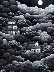 Fototapeta premium A serene, monochromatic landscape featuring traditional Asian architecture surrounded by swirling clouds and trees, illuminated by the soft glow of a full moon.