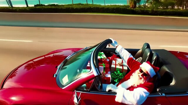 Video footage of Santa drives a convertible loaded with gifts along a sunny coastal road, celebrating the holiday season. Perfect for festive travel, Christmas road trip, and beach holiday themes.