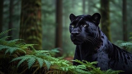 A majestic black panther with piercing blue eyes gazes intently from the depths of a lush, misty forest, its sleek coat blending seamlessly with the shadowy undergrowth.