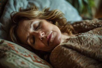 A woman rests peacefully on a couch, enjoying a moment of tranquility in a softly lit room filled with plants and decorative pillows. Her expression shows serenity