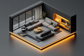 isometric interior design of living room, grey and black color theme, modern style, minimalism