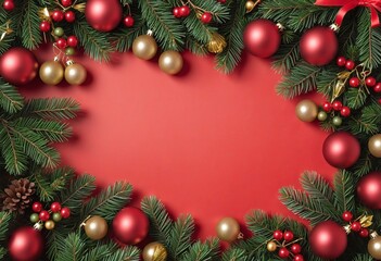 flat lay with pine tree branches with red and golden christmas balls isolated on red