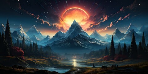 Mountain range under a fiery sky