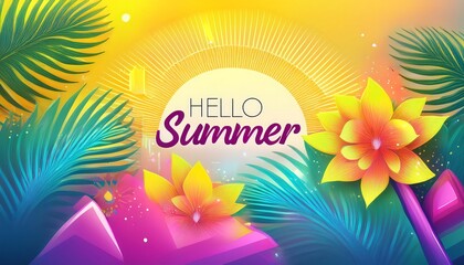 Vibrant Hello Summer banner featuring abstract shapes, flowers, and soft gradients for seasonal celebration decor. Generative AI