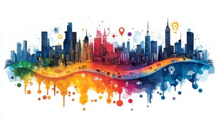 Fototapeta premium Vibrant Watercolor Cityscape Illustration