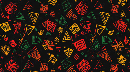 Naklejka premium Abstract Geometric Pattern: Vibrant and bold, this seamless pattern features an eclectic mix of colorful triangles, squares, and abstract shapes, creating a dynamic and visually captivating design.