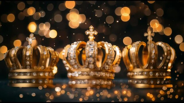Three Kings' Crowns. Three gold jewelry crowns standing on black background with gold bokeh. The Three Wise Men - Los Tres Reyes Magos celebration, Epiphany day