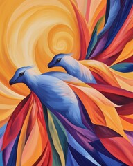 Fototapeta premium Tree kangaroos with exaggerated wing poses, set against a vibrant studio backdrop filled with sun motifs, rainbow swirls, and dynamic brush strokes.