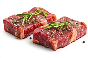 Two raw beef steaks seasoned with salt, pepper, and rosemary sprigs, isolated on a white background.