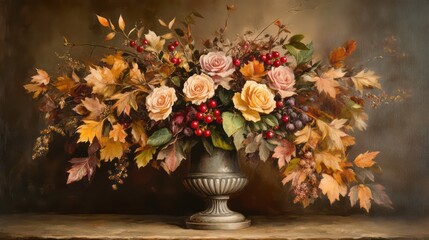 A still life painting of a vase filled with pink roses, fall leaves, and red berries.