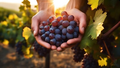 Hands holding a bunch of grapes in a vineyard at sunset.