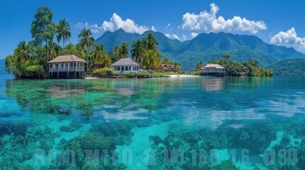 Naklejka premium Tropical island with white sand beach, crystal clear water, and palm trees in front of lush mountains.