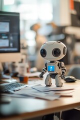 Fototapeta premium Friendly robotic assistant on a modern office desk, harmonizing technology and productivity in a creative workspace with monitors and paperwork.