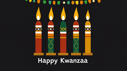 Obraz premium Happy Kwanzaa Candles: A vibrant illustration of the seven candles of Kwanzaa, each adorned with traditional African patterns, against a festive dark background.
