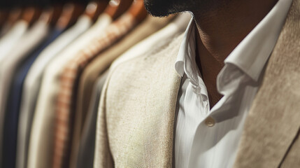 Stylish Men trying on Blazer on Display in Modern Clothing Store