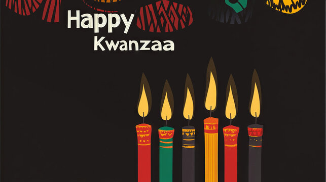 Happy Kwanzaa Candles: A vibrant illustration of the seven candles of Kwanzaa, each adorned with traditional African patterns, against a festive dark background.