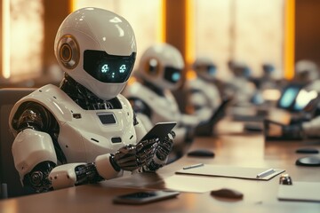 Futuristic Conference Room: Robots Engaged with Smartphones, Showcasing AI Technology and the Integration of Robotics in Corporate Environments