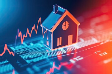 Fototapeta premium Graph showing rising and falling interest rates next to a house icon