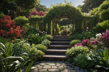 Obraz premium a garden with a stone staircase adorned with blooming flowers