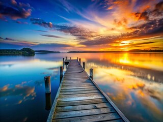 Obraz premium Tranquil Low Light Photography of Calm Still Water with Wooden Jetty at Dusk