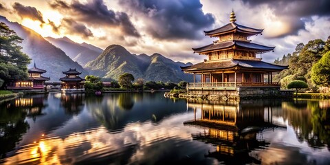 Obraz premium Tranquil Temple by River Surrounded by Lush Greenery and Majestic Mountains - Minimalist Nature Photography