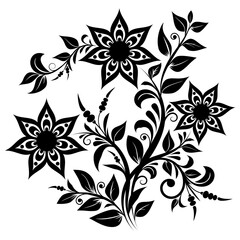 black and white ornament with abstract flowers, swirls and leaves on white isolated background, floral design element, decorative pattern, floristic print