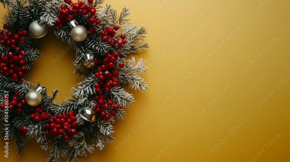 Poster a christmas wreath with snow-covered evergreen branches adorned with red berries and silver ornament