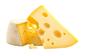 Dutch cheese wheel isolated on a white transparent background. Concept of dairy products and cheese varieties in food photography