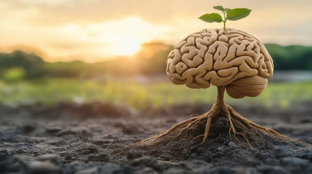 A human brain shaped like a tree growing from the ground with roots. The brain has a small sprout with green leaves growing from the top. The image is set against a sunset or sunrise.
