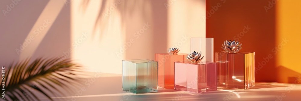 Poster brightly lit geometric shapes resembling gift boxes showcase soft hues and delicate flowers in a sun