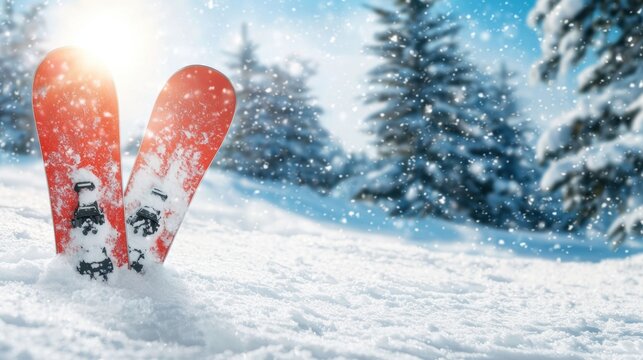 Pair of red skis stuck in snow with snowy trees and sunlight in background