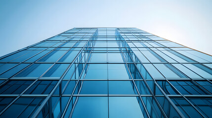 Fototapeta premium Modern glass office building with reflections windows, in a low angle view, with a white sky background