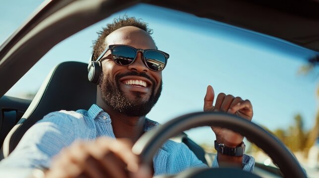 Man driving convertible car wearing sunglasses and headphones on a sunny day. Summer road trip and travel concept - Powered by Adobe