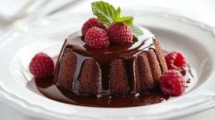 Raspberry-filled chocolate cake with a shiny glaze, placed on a white porcelain plate, garnished with fresh raspberries and mint leaves