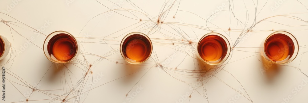 Poster Delicate tea cups rest in a row, intertwined with elegant lines representing tea leaves, creating a tranquil atmosphere for enjoyment. Generative AI