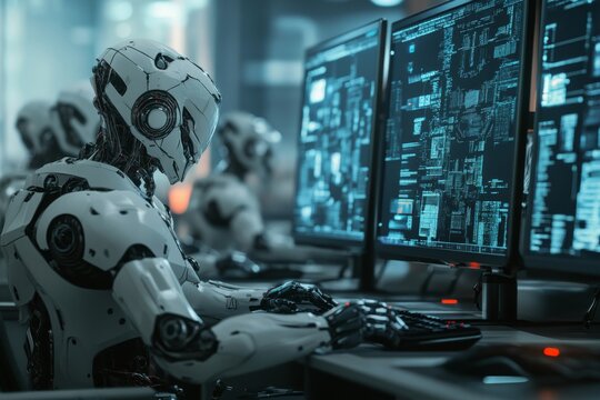 Futuristic robots working diligently at high-tech computers, showcasing advanced AI technology and digital data in a modern cyber environment.