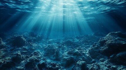 Fototapeta premium Underwater sunbeams shine through the water illuminating the ocean floor.