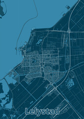 A detailed map of Lelystad, Netherlands, rendered in a minimalist style with white lines on a dark blue background. The map showcases the city's layout, including roads, waterways