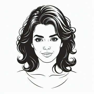 recommend clip art: A black and white line art portrait of a woman with long, curly hair