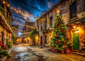 Fototapeta premium Urban Exploration Christmas Vibes - Abandoned Streets Decked for Feliz Navidad