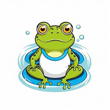 recommend clip art: A cartoon frog wearing a white life jacket sits on a blue float in a pool of water