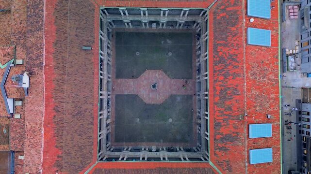 Aerial view of the rooftops of the Brera Pinacoteca and the domes of the Brera Astronomical Observatory. Museum of Classical Pedagogical Art. columns. University. Milan Italy 25.10.2024