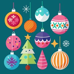 Christmas decorated ball, balloon, bel, light, santa, deer and tree.