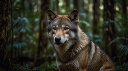 Fototapeta premium A wolf sits in a lush green forest, its eyes locked on the camera.