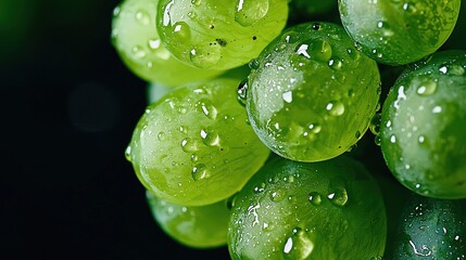  A close-up of green grapes with water droplets on the leaves against a black background