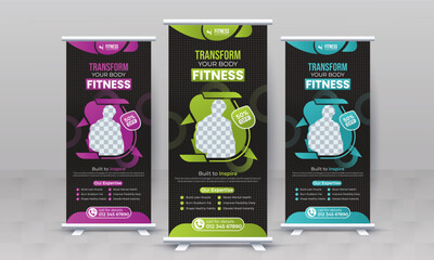 Fitness gym creative standee x rollup banner design vector template retractable bodybuilding advertisement signage