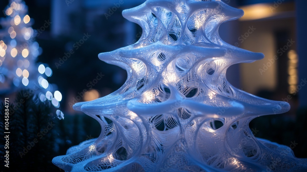 Poster the image shows a white, abstract sculpture of a christmas tree illuminated with warm, white lights.