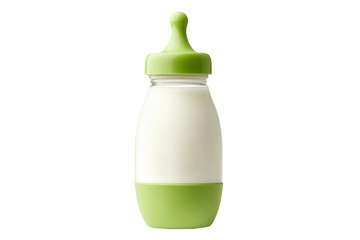 Baby bottle filled with milk with a green nipple isolated on white background. Concept of baby feeding and nutrition.
